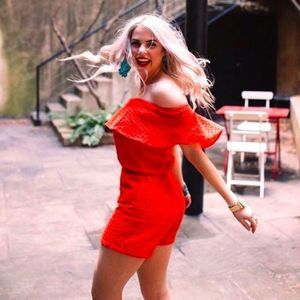 BUDDY LOVE OFF SHOULDER CHERRY RED EYELET ROMPER